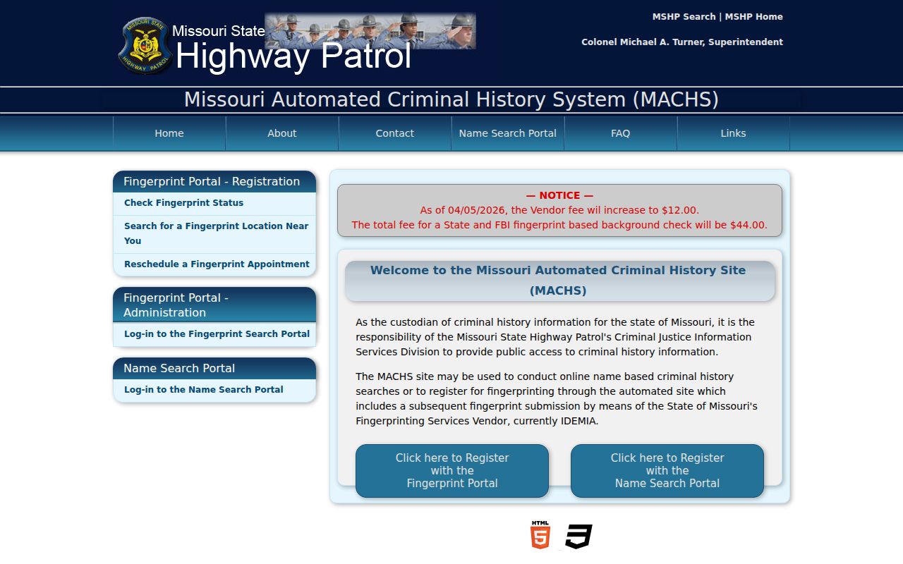 Newton County criminal history search entry on Missouri MACHS