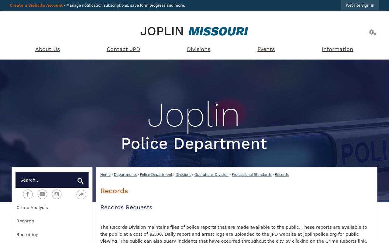 Joplin criminal history police records page